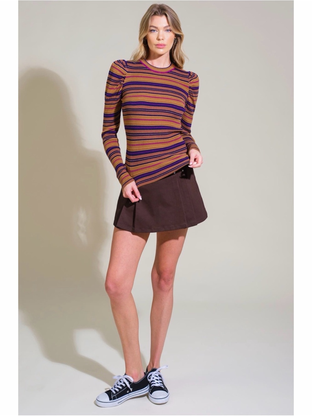 NWT-Flying Tomato Striped Puff-Sleeve Ribbed Top in Mustard & Purple - Picture 5 of 6
